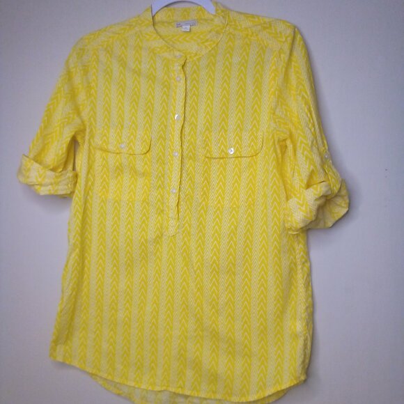 Gap Shirt Blouse Women XS Roll Tab Sleeve Pockets Pattern Yellow - Picture 1 of 14